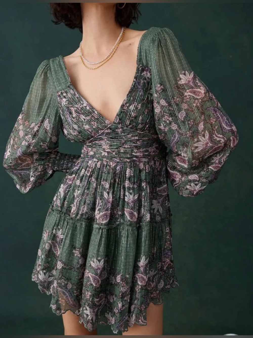 HEMANT & NANDITA Lisa Plunged Short Dress Green Size XS